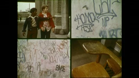 1970s: 4 panel scenes. Left hand corner; two boys. Bottom left hand corner; wall Stock Footage