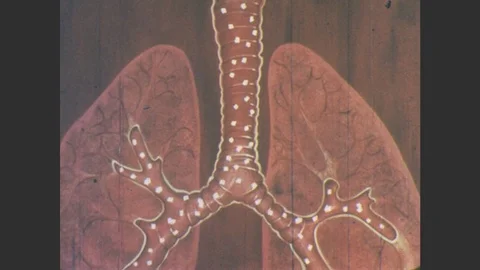 1970s: Animation of particles moving through bronchial tubes. Various hands Stock Footage 78042776