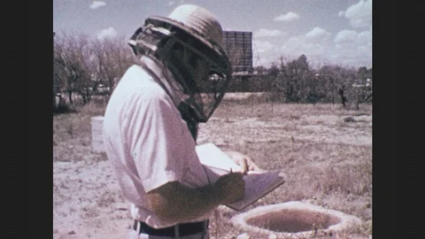1970s: Beekeeper writes information in book. Beekeepers study hives. Stock Footage 87005033