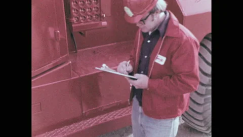 1970s: Big Red logo on side of Taylor lift truck. Man in hard hat with clipboard Stock Footage 142590373