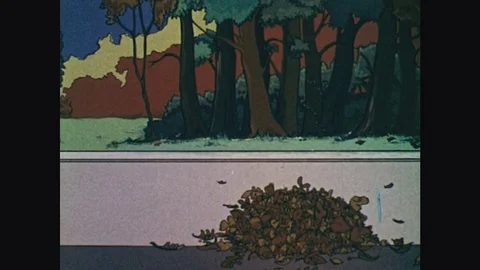 1970s: Bike rides through pile of leaves, spins in circles, and wobbles. Car Stock Footage