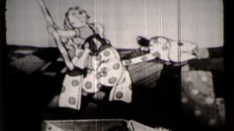 1970s Boy Rides Patchwork Cow Cute Funny Cartoon Character Vintage Film Movie Stock Footage 285992771