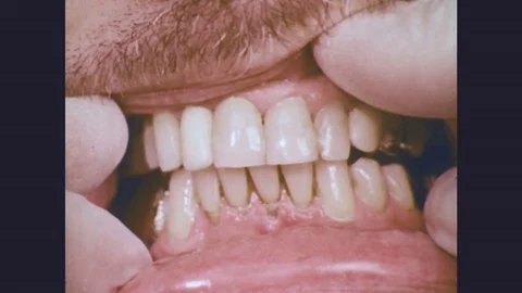 1970s: Closeups of teeth; man eating; zoom-in of elderly man talking. Stock Footage 77253010