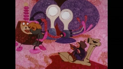 1970s: Creature falls asleep at control panel, factory equipment shuts down. Man Stock Footage 77348341