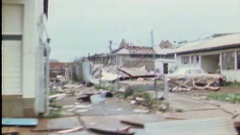 1970s:  Cyclone Tracey Devastation, Darwin Australia Video stock 113605818