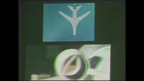 1970s: Dynamic split screen showcasing a rotating jet body, with moving machine Video stock 135841942