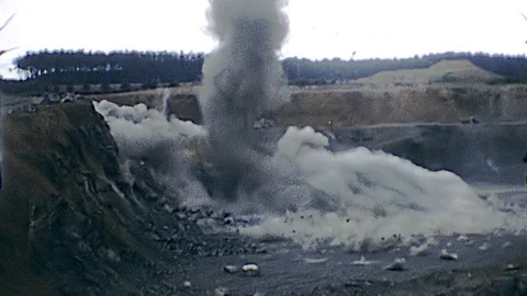 1970s Dynamite Blast Explosion at Quarry Pit Rock Gravel Vintage Film Home Movie Stock Footage