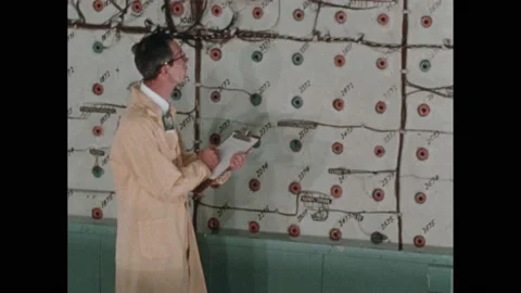 1970s: Engineer inspects circuits at nuclear power plant. Engineer operates Stock Footage 232327842