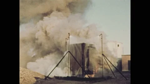 1970s: fire burning for a while but eventually going out from sprinkler Stock Footage 169891161