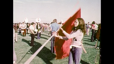 1970s – Flag corps and marching band. Stock Footage 74679722