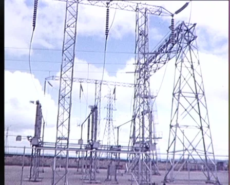 1970s: High Voltage Powerlines Stock Footage 62897293