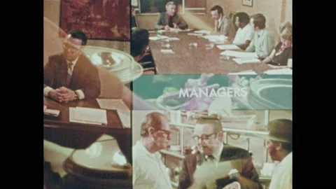 1970s: Managers do their thing with a split screen and infographic. Waiter Stock Footage 196947841