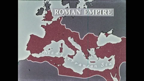1970s: Map is labeled "ROMAN EMPIRE."  "Rome" appears on map.  River.  City.  Stock Footage