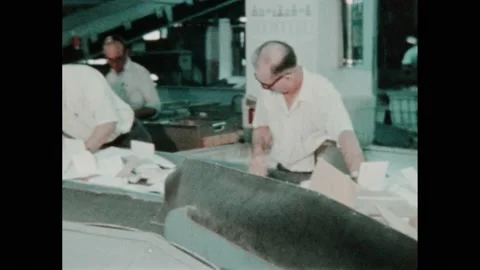 1970s: Men sort mail on conveyor belt, Fish and oranges ride along conveyor Stock Footage 232181108