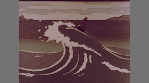 1970s Message in Bottle Marooned Cartoon Character Animals Vintage Film Movie Stock Footage 197012589
