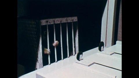 1970s: Monkey reaches through bars of cage. Men smoke and talk. Scientists look Stock Footage 102005234