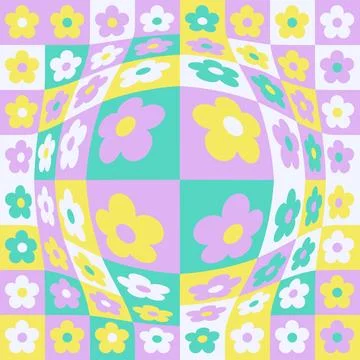 1970s retro distorted daisy seamless pattern on checkered background. Hippie Stock Illustration