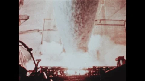 1970s: Rocket engines ignite on launch pad. Earth floats in space. Orbiter flies Stock Footage 270368817
