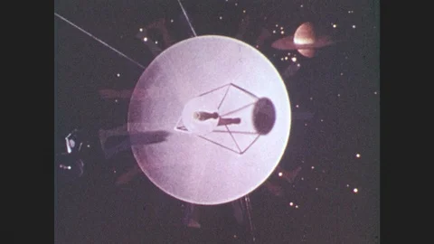 1970s: Satellite in space with Jupiter in background. Stock Footage 86694335