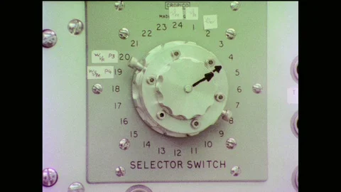 1970s: Selector switch knob. Knobs, dials and holes on lab equipment. Stock Footage 90349130