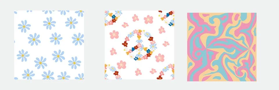 1970s Set of retro seamless pattern. Floral, swirl, mushrooms, peace symbol,  Stock Illustration