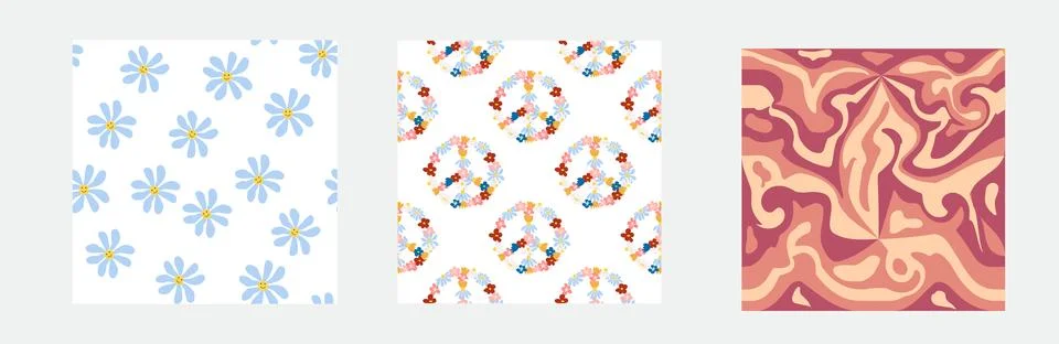 1970s Set of retro seamless pattern. Floral, swirl, mushrooms, peace symbol,  Stock Illustration