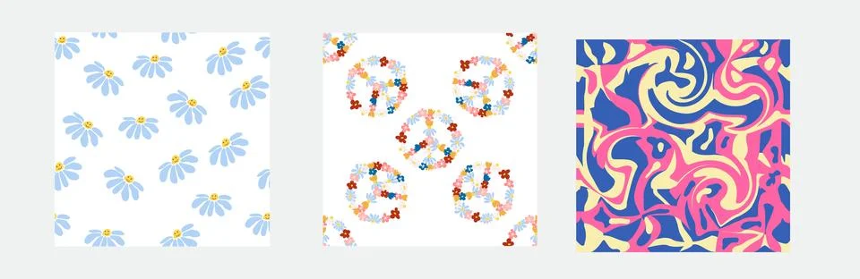 1970s Set of retro seamless pattern. Floral, swirl, mushrooms, peace symbol,  Stock Illustration