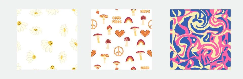 1970s Set of retro seamless pattern. Floral, swirl, mushrooms, peace symbol,  Stock Illustration