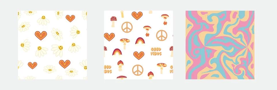 1970s Set of retro seamless pattern. Floral, swirl, mushrooms, peace symbol,  Stock Illustration
