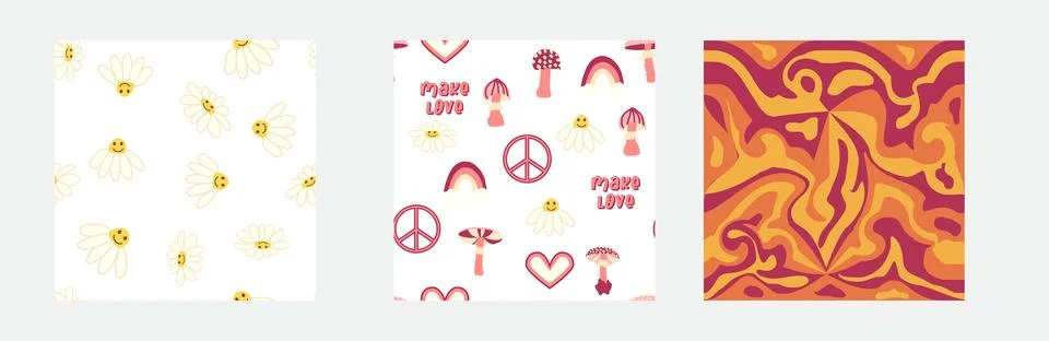 1970s Set of retro seamless pattern. Floral, swirl, mushrooms, peace symbol,  Stock Illustration