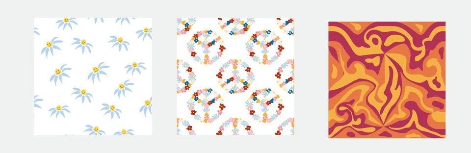 1970s Set of retro seamless pattern. Floral, swirl, mushrooms, peace symbol,  Stock Illustration