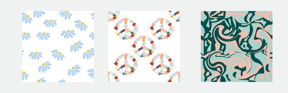 1970s Set of retro seamless pattern. Floral, swirl, mushrooms, peace symbol,  Stock Illustration