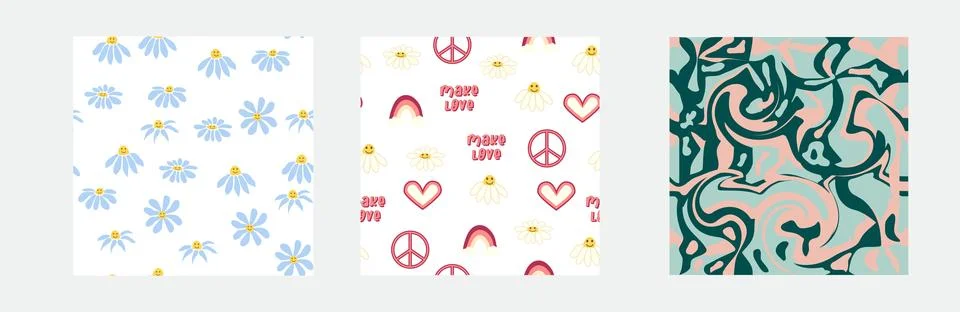 1970s Set of retro seamless pattern. Floral, swirl, mushrooms, peace symbol,  Stock Illustration