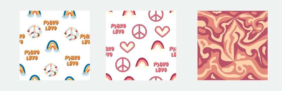 1970s Set of retro seamless pattern. Floral, swirl, mushrooms, peace symbol,  Stock Illustration
