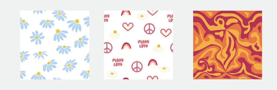 1970s Set of retro seamless pattern. Floral, swirl, mushrooms, peace symbol,  Stock Illustration