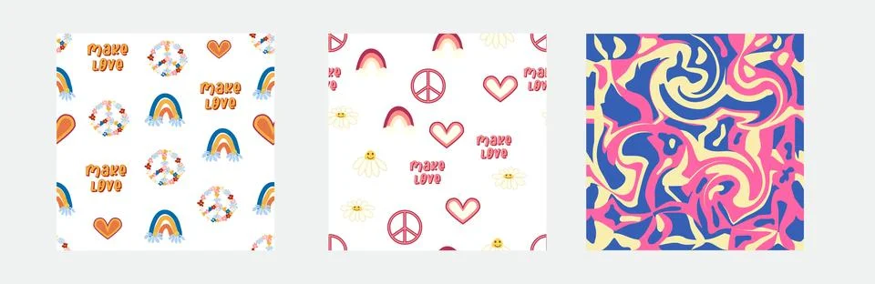 1970s Set of retro seamless pattern. Floral, swirl, mushrooms, peace symbol,  Stock Illustration