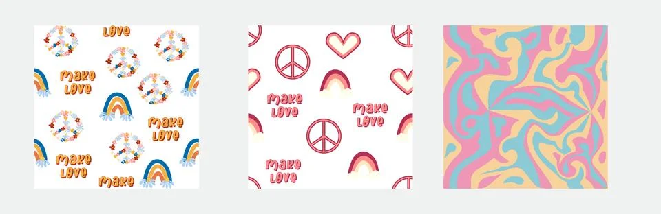 1970s Set of retro seamless pattern. Floral, swirl, mushrooms, peace symbol,  Stock Illustration