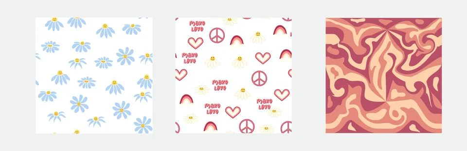 1970s Set of retro seamless pattern. Floral, swirl, mushrooms, peace symbol,  Stock Illustration