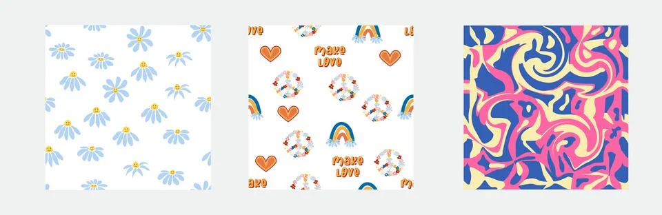 1970s Set of retro seamless pattern. Floral, swirl, mushrooms, peace symbol,  Stock Illustration