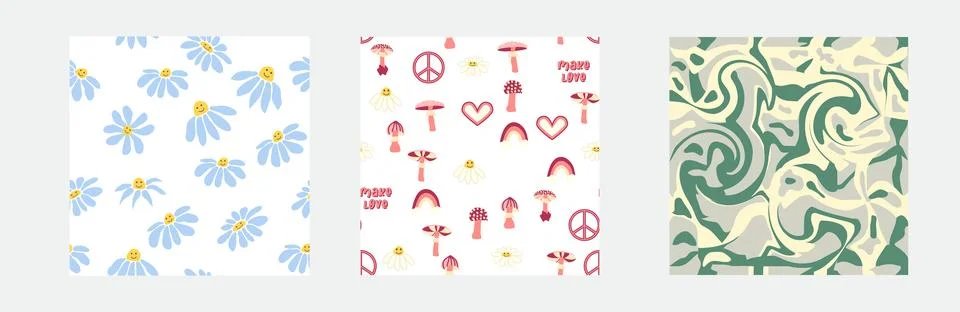 1970s Set of retro seamless pattern. Floral, swirl, mushrooms, peace symbol,  Stock Illustration
