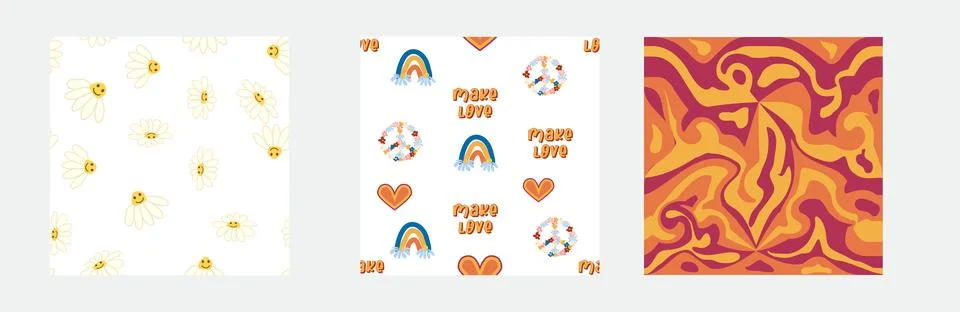 1970s Set of retro seamless pattern. Floral, swirl, mushrooms, peace symbol,  Stock Illustration