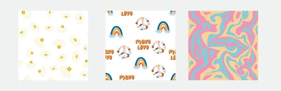 1970s Set of retro seamless pattern. Floral, swirl, mushrooms, peace symbol,  Stock Illustration