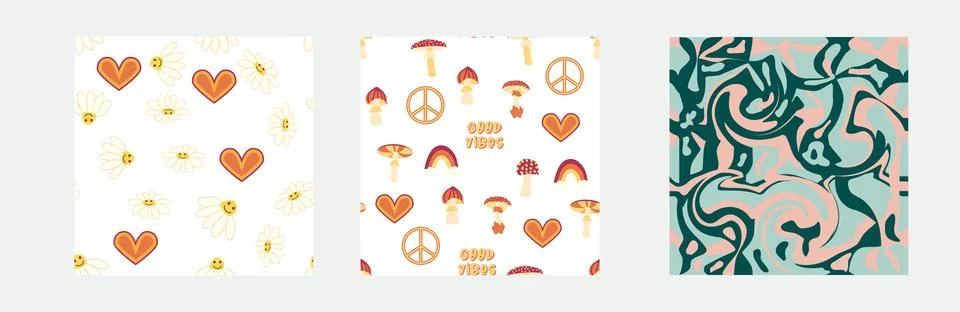 1970s Set of retro seamless pattern. Floral, swirl, mushrooms, peace symbol,  Illustrazione stock