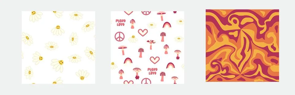 1970s Set of retro seamless pattern. Floral, swirl, mushrooms, peace symbol,  Stock Illustration