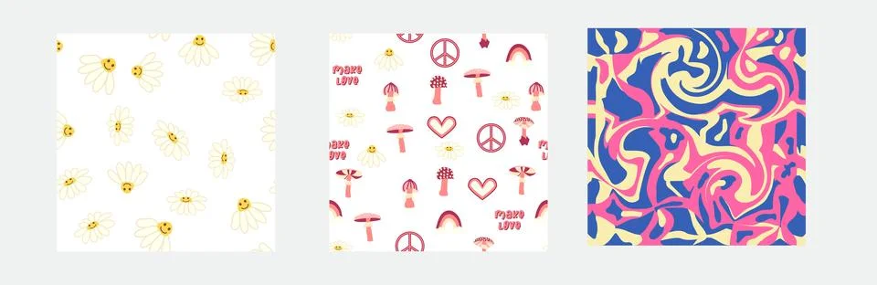 1970s Set of retro seamless pattern. Floral, swirl, mushrooms, peace symbol,  Stock-Illustration