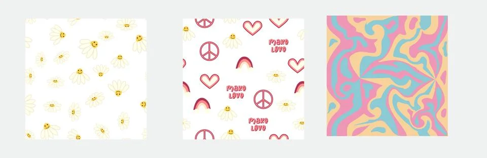 1970s Set of retro seamless pattern. Floral, swirl, mushrooms, peace symbol,  Stock Illustration