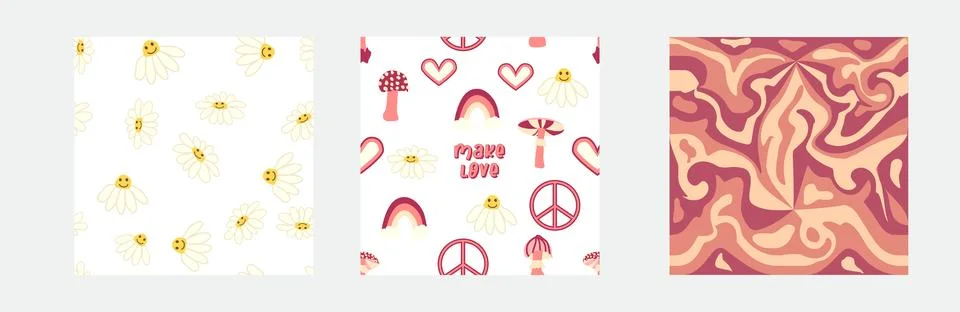 1970s Set of retro seamless pattern. Floral, swirl, mushrooms, peace symbol,  Stock Illustration
