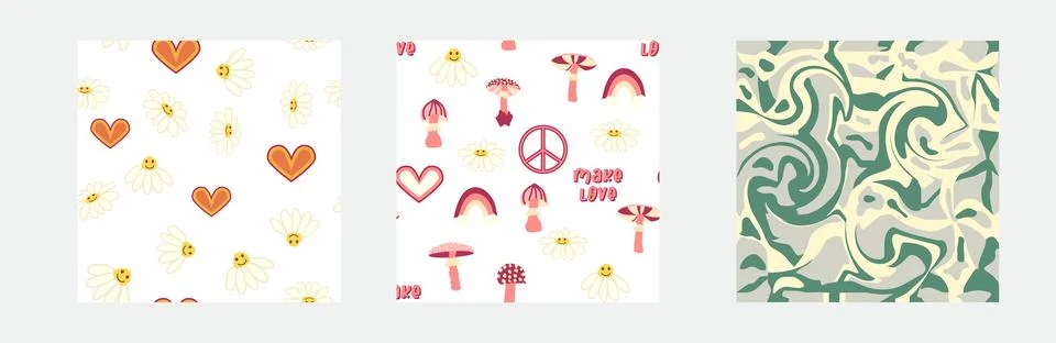 1970s Set of retro seamless pattern. Floral, swirl, mushrooms, peace symbol,  Stock Illustration