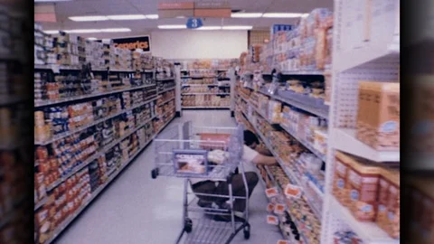 1970s Shelves Full Product Shopping Grocery Store Supermarket Vintage Film Movie Stock Footage 104527924