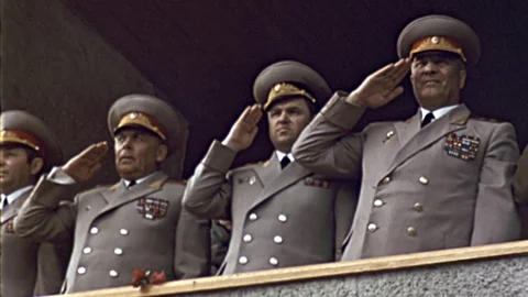 1970s Soviet Union USSR May Day Generals Soldiers Salute Vintage Film Movie Stock Footage